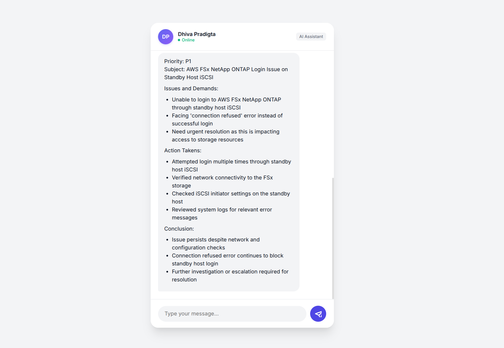 Generated Support Ticket